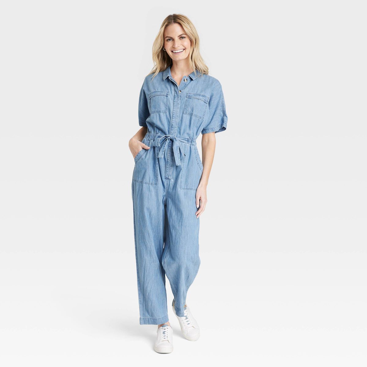 Women's Button-Front Short Sleeve Boilersuit - Universal Thread™ Indigo | Target