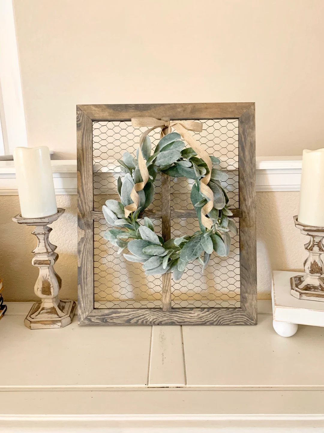 Window Frame with Lambs Ear Wreath, Chicken Wire Frame, Farmhouse Wall Decor, CountryDecor,Rustic... | Etsy (US)