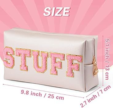 Y1tvei Preppy Patch Stuff Varsity Letter Makeup Bag Sewn with Pink Chenille Letter PU Leather Wat... | Amazon (US)