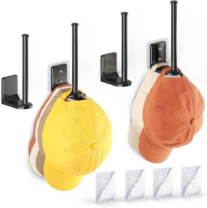4 Pack Adhesive Hat Hooks, Adhesive/Drilling Hat Rack for Wall, Hat Storage for Baseball Caps, Ha... | Amazon (US)