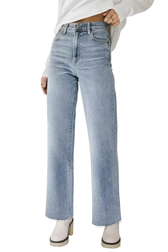 KDF Straight Leg Jeans for Women High Waisted Jeans Frayed Baggy Pants Raw Hem Loose Stretchy Cro... | Amazon (US)