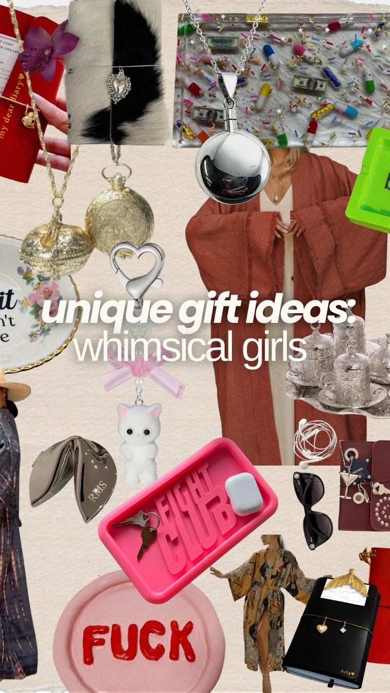 Unique, creative holiday gift ideas and gift guide for the whimsical girls 🔮 in this video we have so many gifts for the whimsy. solid shell perfumes, unique, personalized leather bound journals with charms, Turkish coffee and tea cup sets, funny catch-all trays, patterned maxi, long lounge robes for a cozy throw on over PJs, locket perfume necklaces, fortune cookie trinket/ring/necklace/jewellery case & holder, and a cute ballet flat makeup pouch bag that I’ve been carrying in my bag 🩰 hope you found some cute inspo! 

#giftsforher #giftguide2025 #creativegifts #giftideas #uniquegifts 

#LTKBeauty #LTKFindsUnder100 #LTKGiftGuide
