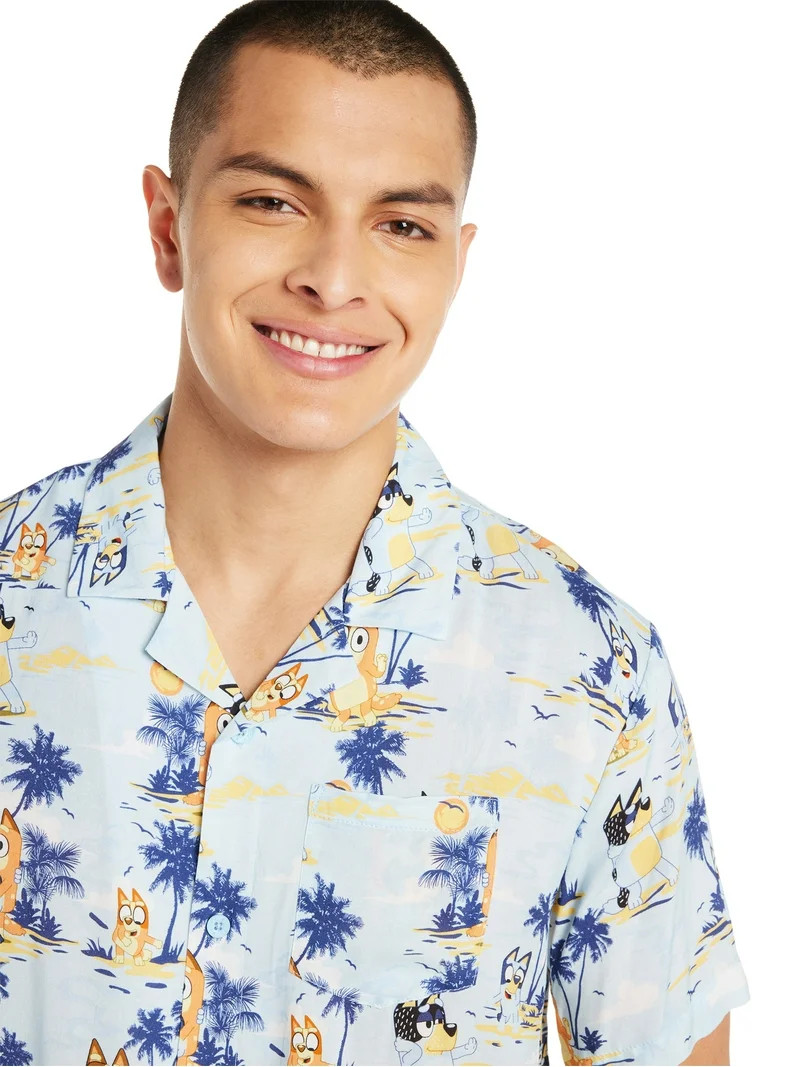 Bluey Men’s Hawaiian Print Button-Up Shirt with Short Sleeves, Sizes XS-3XL | Walmart (US)