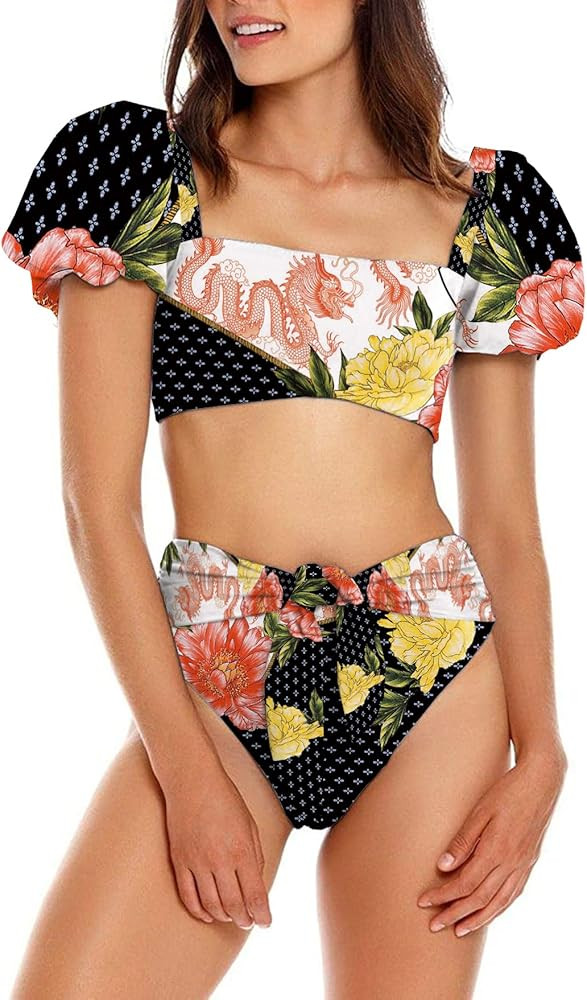 Fisoew Women's High Waist Bikini Sets Tie Knot Tummy Control Swimwear 2 Piece Swimsuits | Amazon (US)