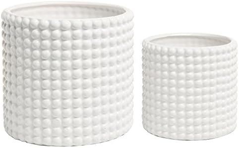 MyGift Set of 2 White Ceramic Vintage-Style Hobnail Textured Flower Planter Pots/Storage Jars | Amazon (US)