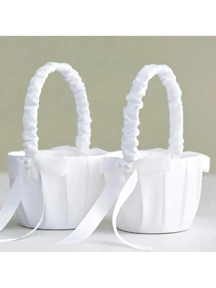 1 Pair (2 Pcs) White Flower Girl Baskets With Scattered Petal Wedding Ceremony Baskets For Weddin... | SHEIN