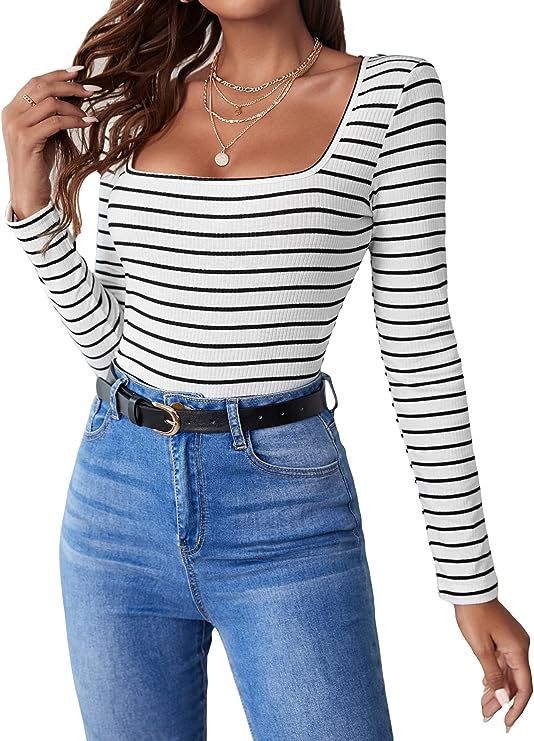 SOLY HUX Women's Striped Long Sleeve Bodysuit Tops Square Neck Jumpsuits Casual Tees T Shirts | Amazon (US)