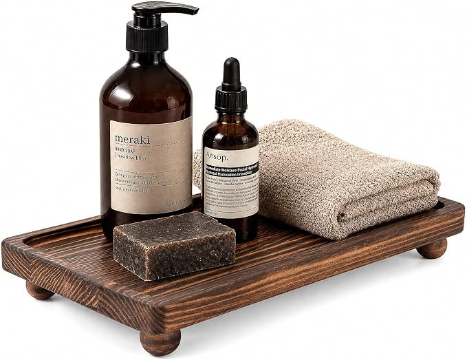 Pine Wood Bathroom Tray for Kitchen Counter, Sink & Vanity, Vintage Brown | Raised ball feet, Rou... | Amazon (US)