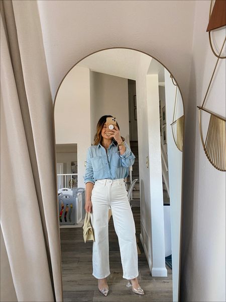 Prettiest white wide leg jeans! They fit so well! Take 20% off with code “LTK20” 
Jeans size 23
Denim shirt size small


#LTKunder100 #LTKSale #LTKshoecrush