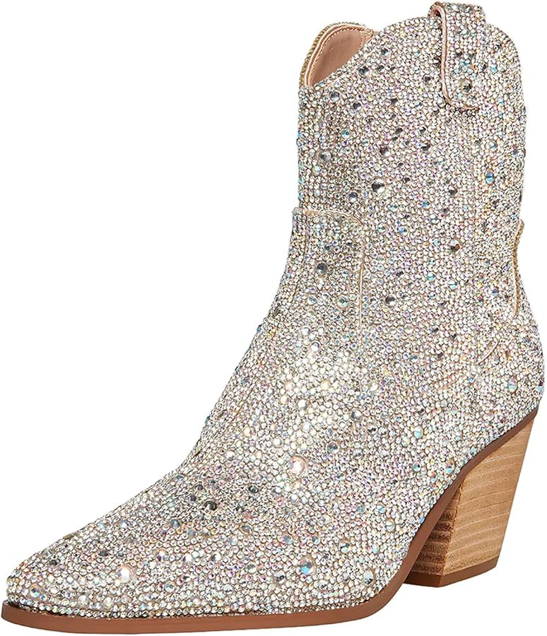 Women's Rhinestone Boots Western Mid Calf Pointed Toe Fashion Cowgirl Boots 5cm Chunky Stacked He... | Amazon (US)
