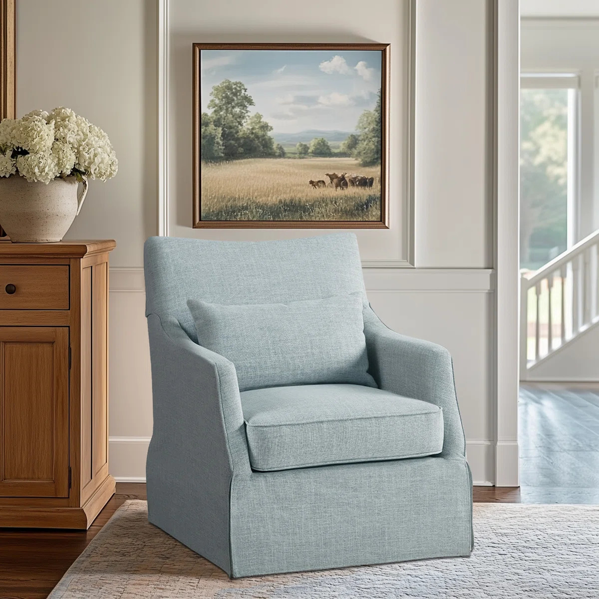 Bedford London Upholstered Skirted Swivel Armchair with Lumbar Pillow | Wayfair North America