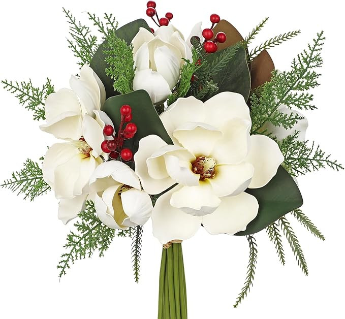 Briful Magnolia Artificial Flower Bouquet White Magnolia Christmas Flower with Berries Pine Branc... | Amazon (US)