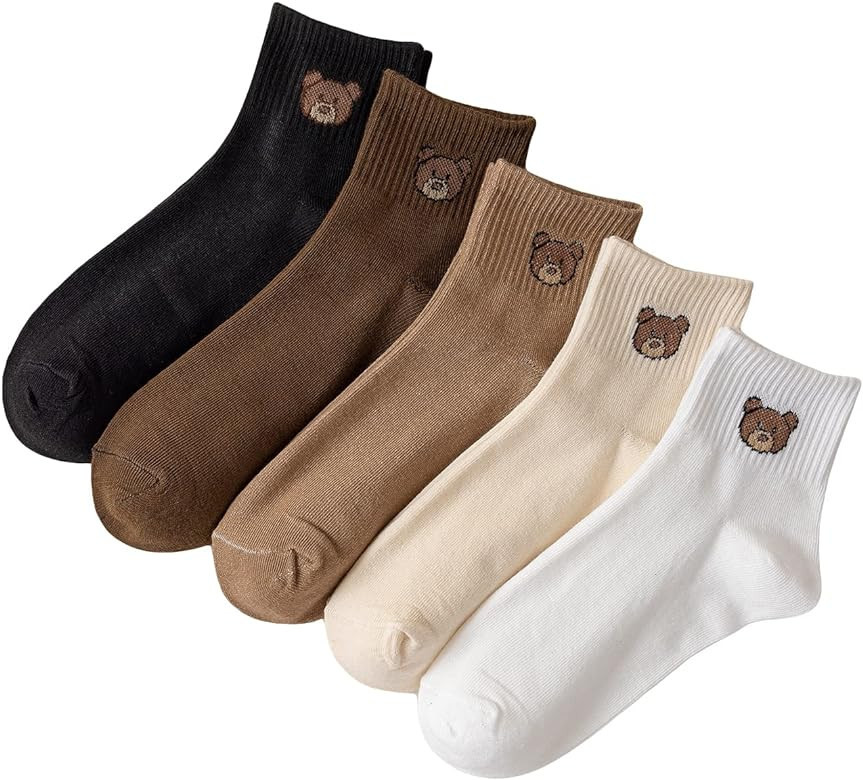 WDIRARA Women's 5 Pairs Cartoon Bear Embroidery Socks Casual Comfy Crew Socks | Amazon (US)