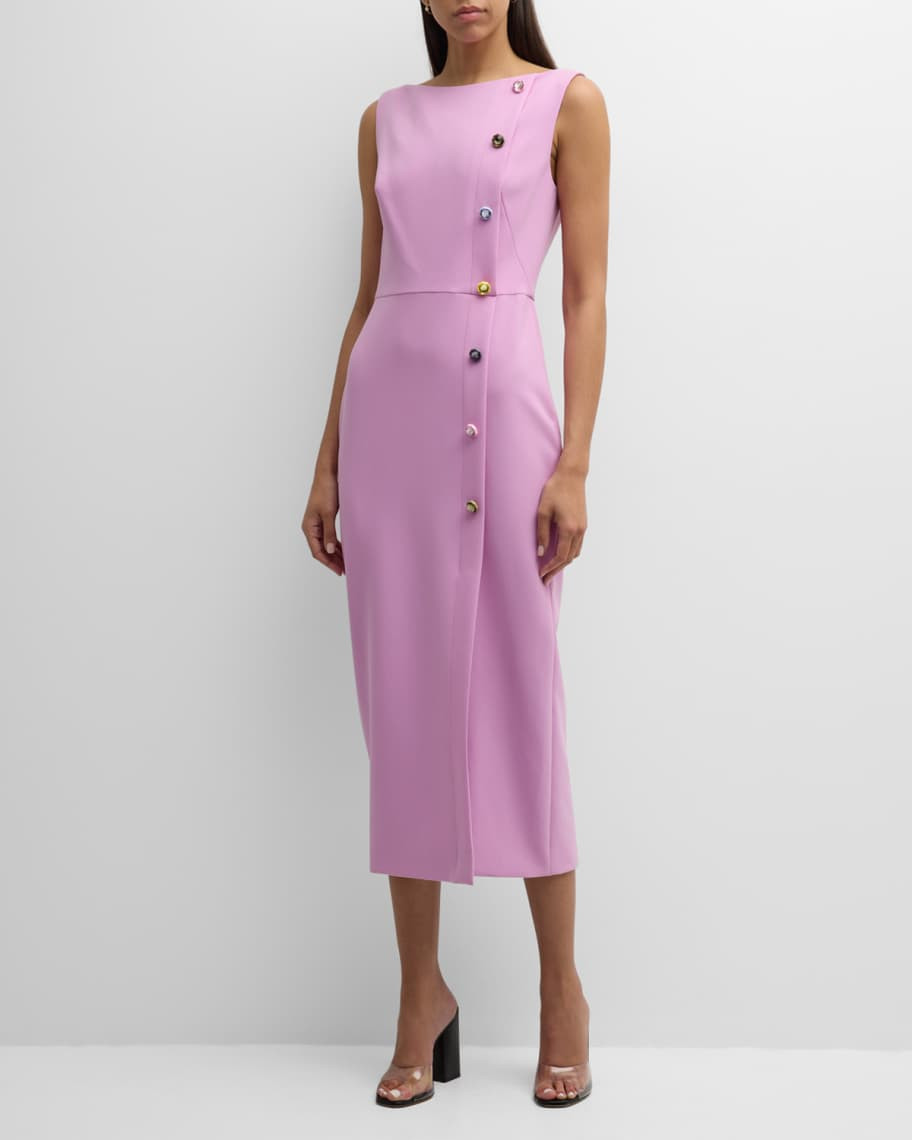 Lela Rose Jewel-Button Boat-Neck Sleeveless Midi Sheath Dress | Neiman Marcus