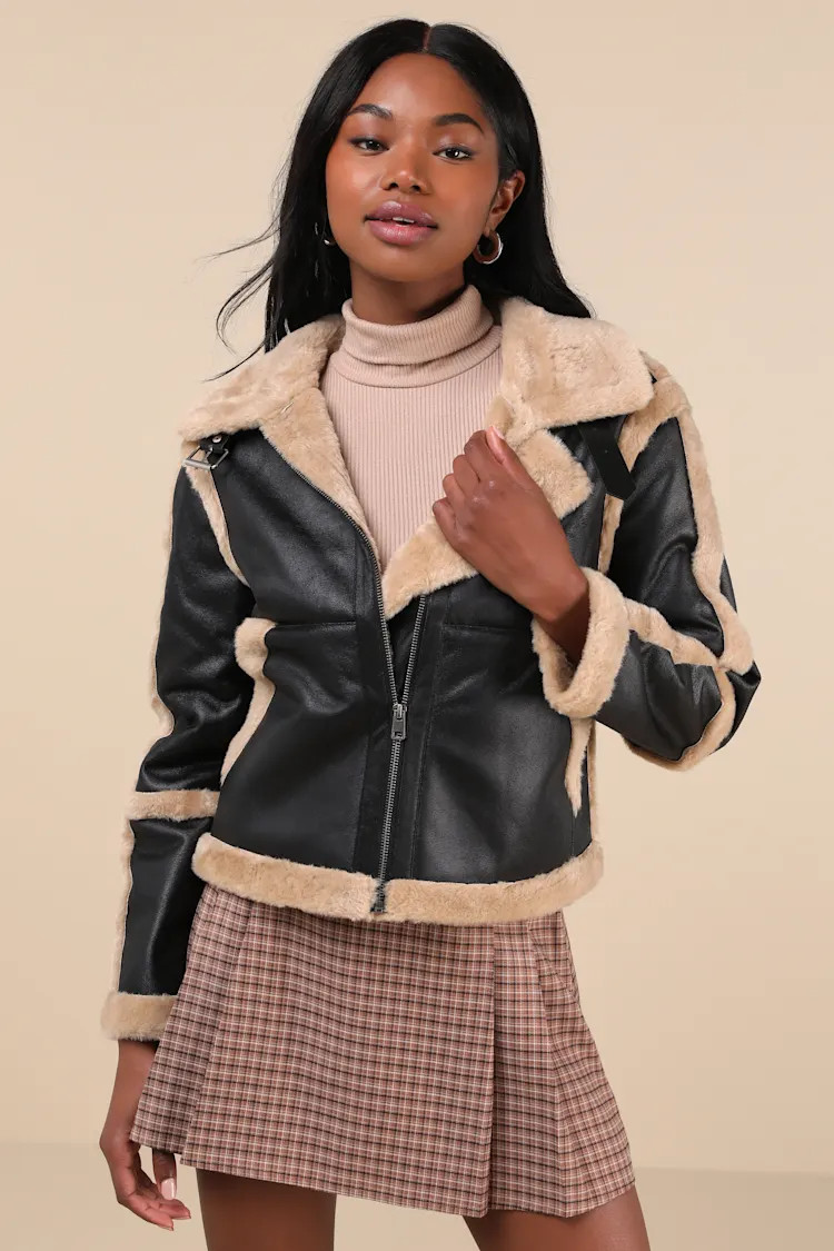 Chic Forecast Black and Beige Vegan Leather Faux Fur Trim Jacket | Lulus