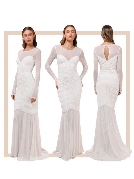 White mesh ruched long sleeve formal wedding guest maxi dress

#LTKparties #LTKfindsunder100 #LTKwedding