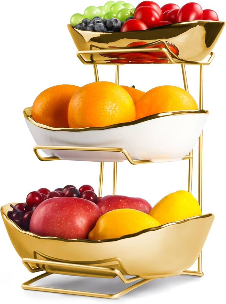 Fruit Bowl for Kitchen Counter, 3 Tier Fruit Basket for Counter, Ceramic Fruit Holder, Tiered Fru... | Amazon (US)