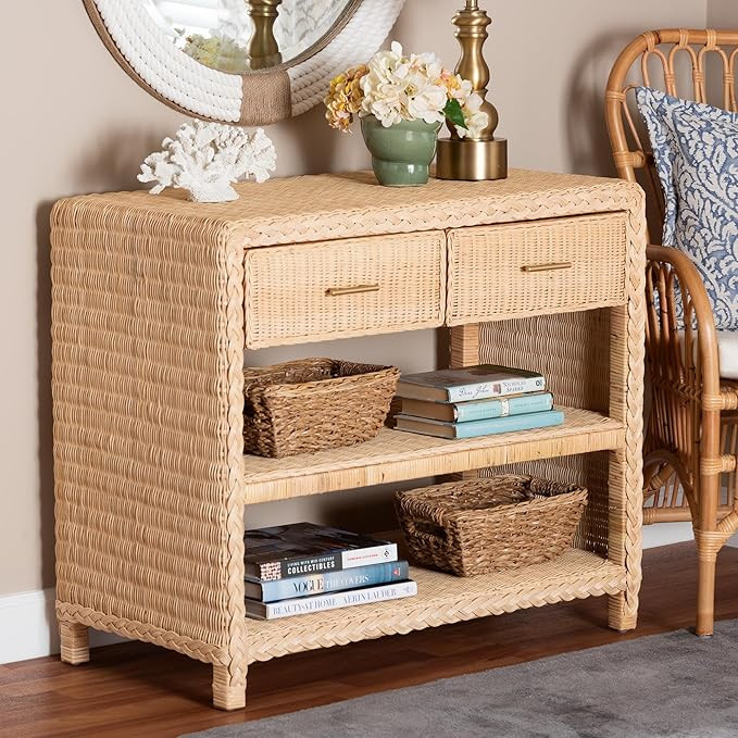 bali & pari Lanica Braided Natural Rattan Console Table with Drawers and Shelves – Coastal Styl... | Amazon (US)