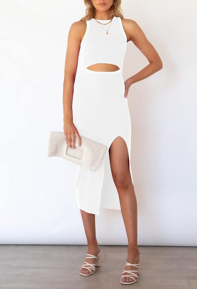 Pink Queen Women's Summer Cutout Midi Dress Crew Neck Sleeveless Tank Slit Ribbed Bodycon Dresses | Amazon (US)