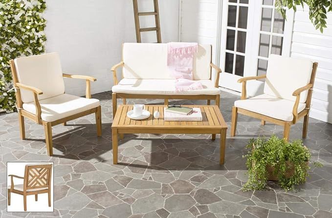Safavieh Outdoor Living Collection Bradbury 4-Piece Outdoor Living Set, Natural/Beige, Chair: 25.... | Amazon (US)