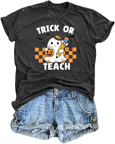 Trick or Teach Halloween Shirt for Women Funny Ghost Graphic Spooky Teacher Tee Fall Casual Short Sleeve Tops Grey | Amazon (US)