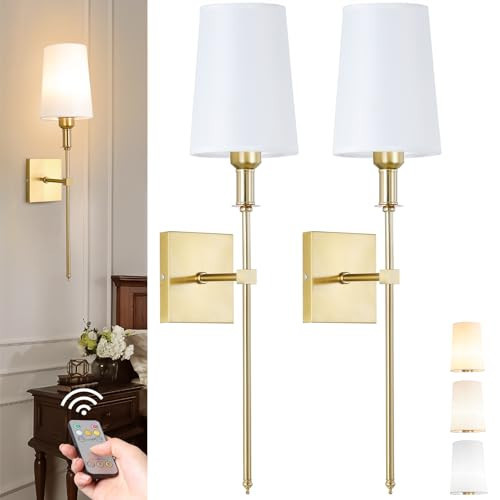 Bailoch Gold Rechargeable Battery Operated Wall Sconces Set of 2, Cordless Dimmable Battery Powered Wall Lights with Remote, Wireless Wall Lamp Lighting Fixture for Bedroom Living Room | Amazon (US)