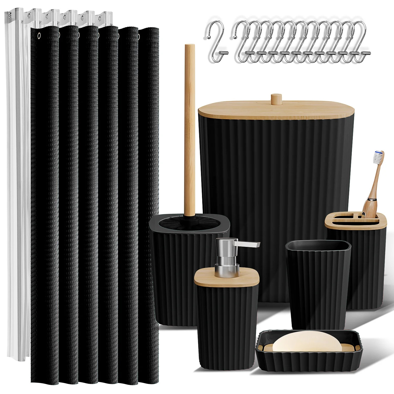 Hearth & Harbor 20 Piece Bamboo Bathroom Sets, Black Bathroom Accessories Set with Shower Curtain | Walmart (US)