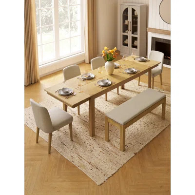 Logan Upholstered Beige Dining Chair Set Of 4 And 64" Bench, Modern Farmhouse Solid Wood 6 Piece 91" Extendable Dining Table Set For Dining Room Kitch | Wayfair North America