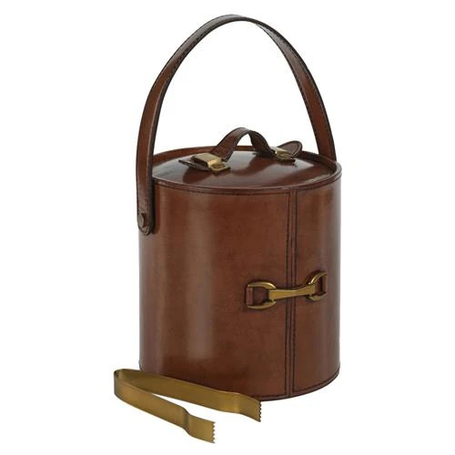 Fina Mid Century Tan Leather Antique Gold Brass Accent Ice Bucket with Tong | Kathy Kuo Home