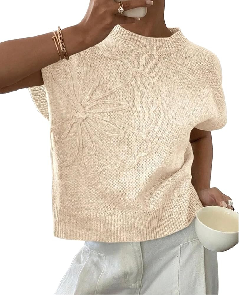 Women Casual Sweater Vest Summer Cap Sleeve Ribbed Pullover Tank Tops Trendy Floral Knitwear Cute... | Amazon (US)