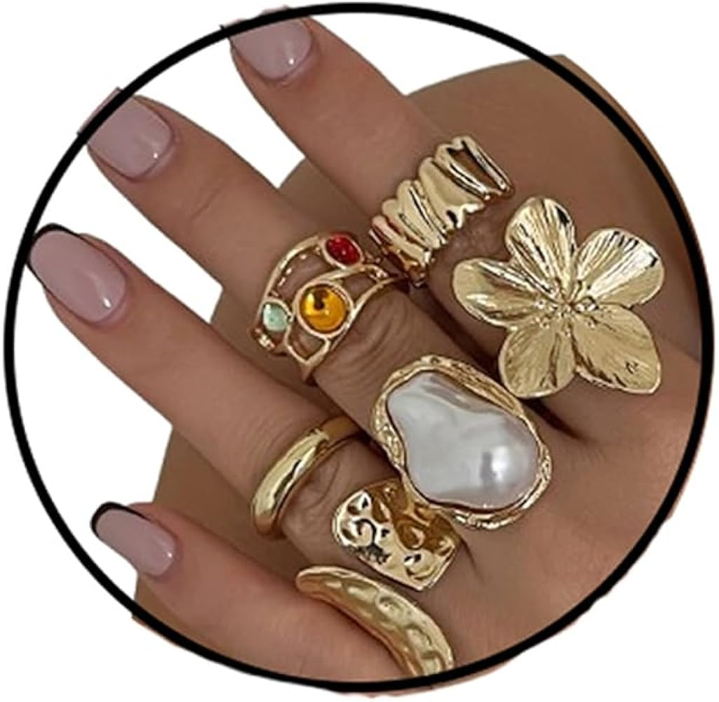 GYRMMUE Vintage Pearl Stacking Ring Set, Gold Plated White Baroque Pearl Finger Rings Irregular A... | Amazon (US)