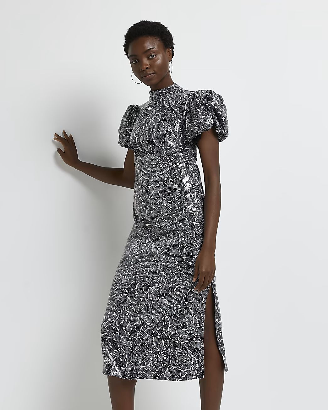 River Island Womens Black printed sequin midi dress | River Island (US)