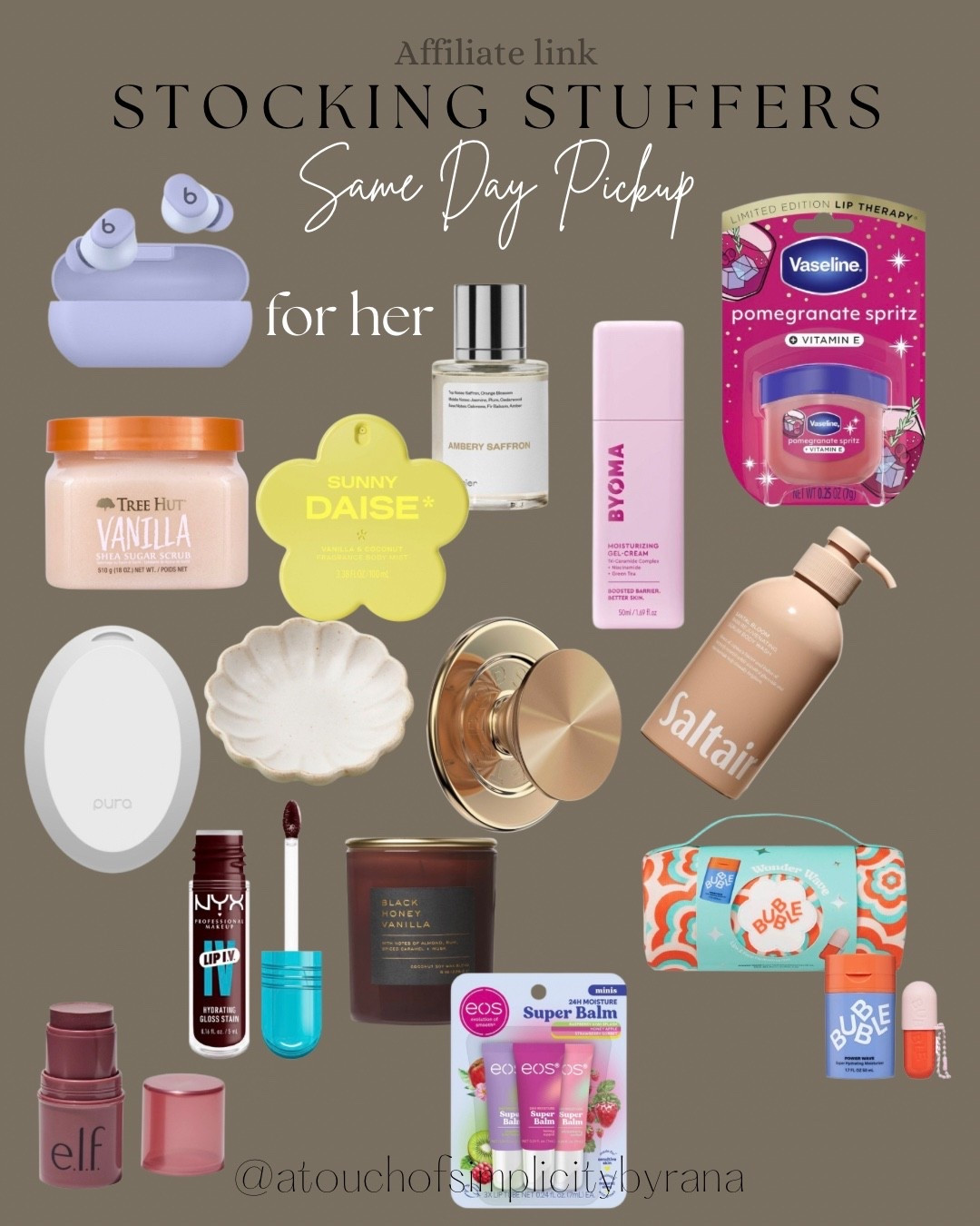 Stocking stuffers for her! Grab those items today from Target! 

Beats earbuds, tree hut, shea body scrub, smart fragrance diffuser, lip balm, trinket dish, body mist, elf multi stick, candle, bubble gift set, pop sockets magnetic phone gripper, cream moisturizer, perfume , stocking stuffers for her, gift ideas, gifts for her, holiday gifts, same day pickup 

#LTKHoliday #LTKGiftGuide #LTKBeauty