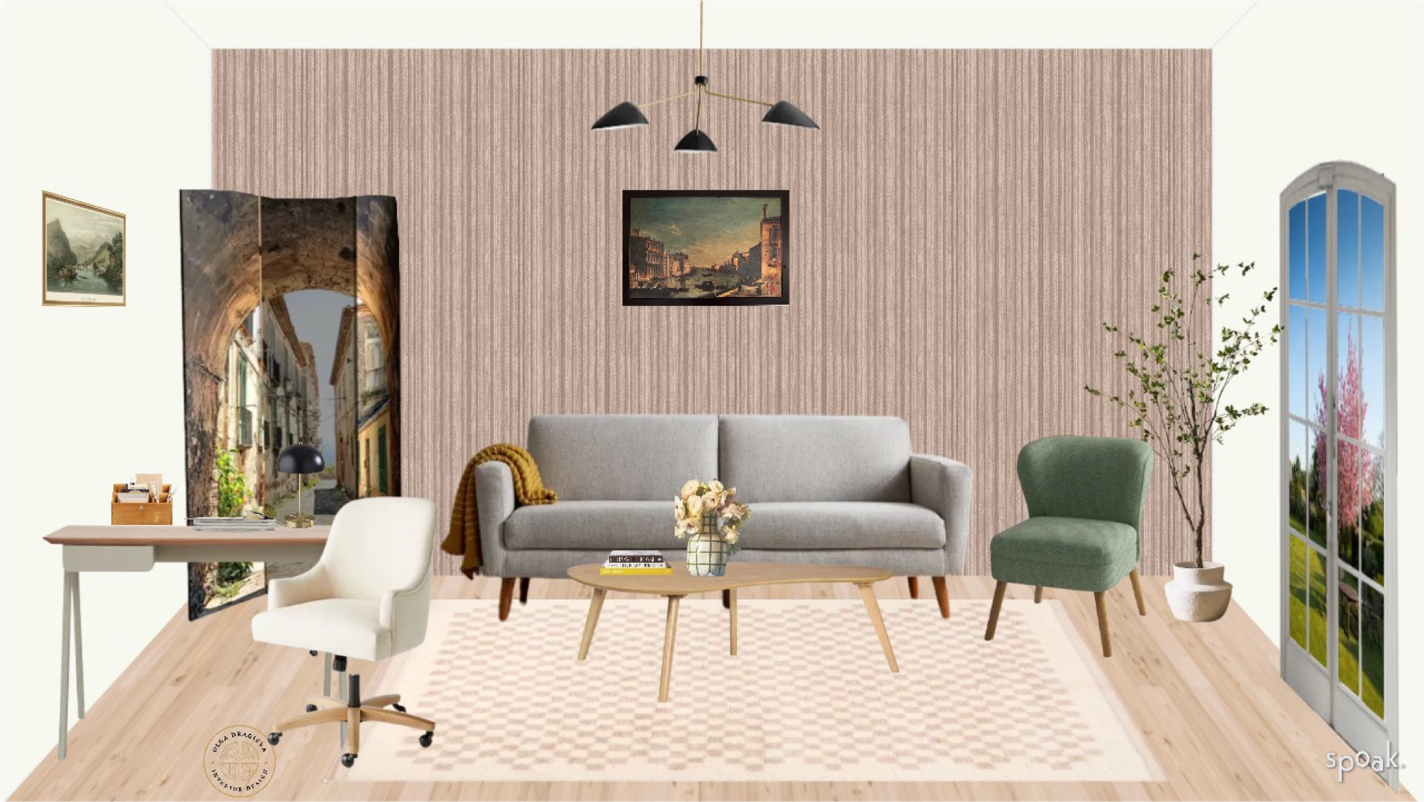 Living room/office combo design! I love this grey sofa from West Elm, it is currently on sale! Green side chair from Wayfair, checkered rug from West Elm, privacy screen, italian countryside wall art. Grass cloth peel and stick wallpaper. Mid-century modern chandelier. Moodboard/design 

#LTKStyleTip #LTKSaleAlert #LTKHome