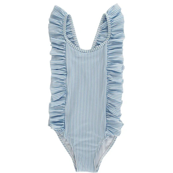 Girls Spandex Swimsuit - Blue Stripe Seersucker | The Bailey Boys