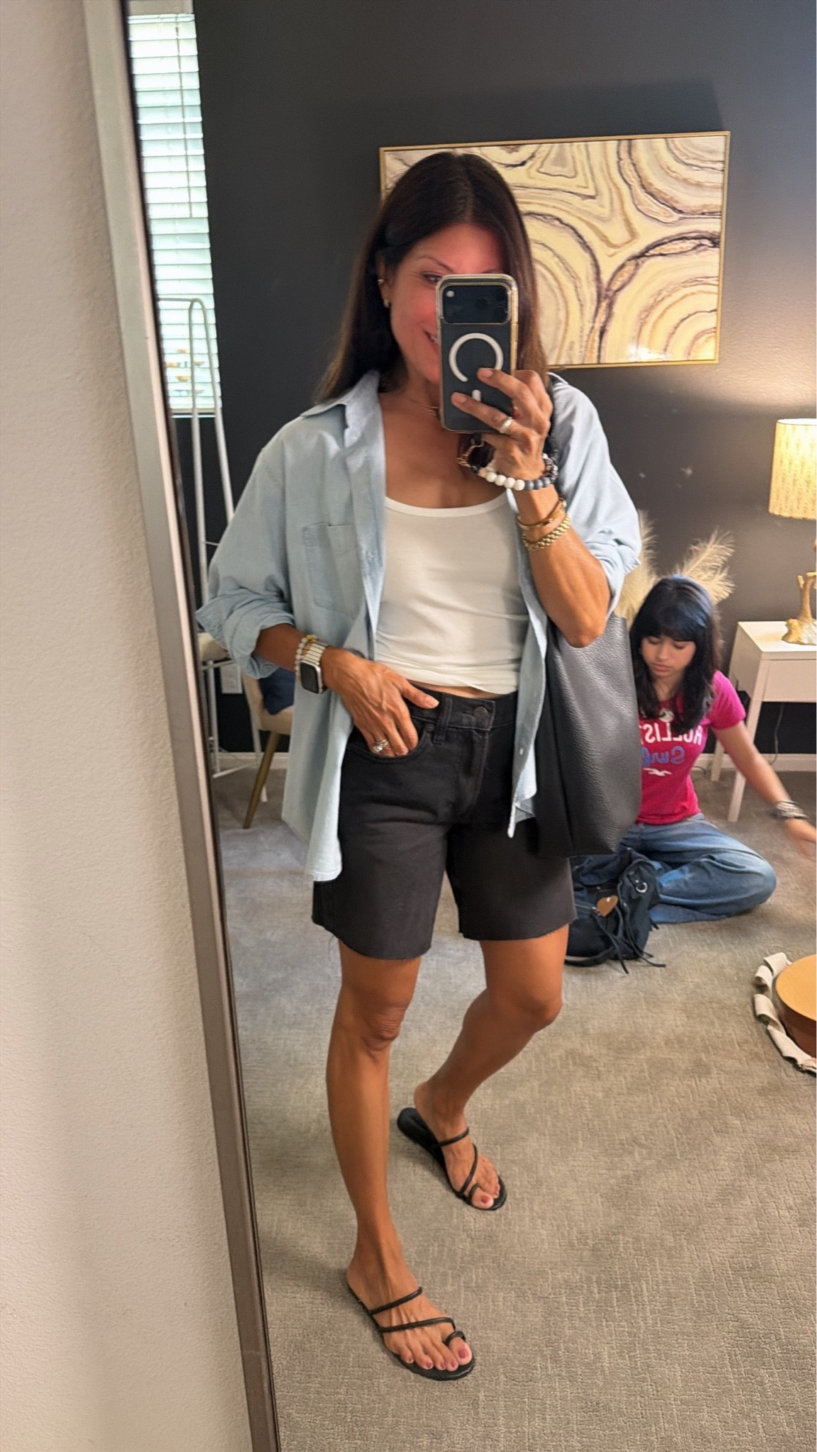 My casual ootd in long length shorts 
Gap style 
Went up a size for relaxed fit 
Wearing 26
Top xs tank small 
Sandals 7 1/2 tts

#LTKOver40 #LTKPetite #LTKootd