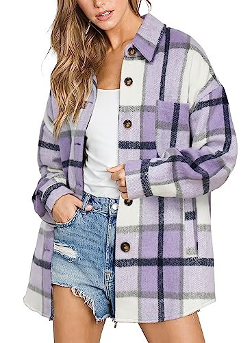 Womens Flannel Shacket Jacket Casual Plaid Button Down Long Sleeve Shirt Fall Clothes Outfits 6025 Light Purple Plaid Small | Amazon (US)