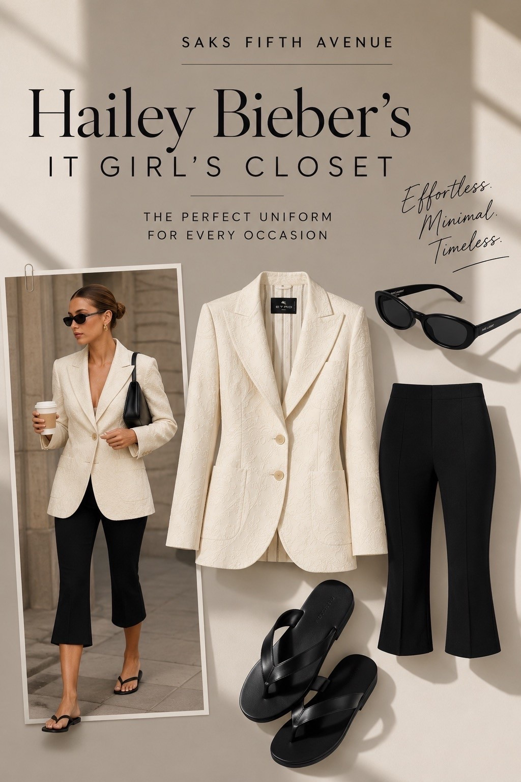 Hailey Bieber’s off duty style, simplified @saks 🖤

An oversized ivory blazer, sleek black flared pants, minimalist sandals, and narrow sunglasses are the kind of elevated basics Hailey reaches for again and again.

Polished, effortless, and impossibly chic, this is a masterclass in quiet luxury dressing. #Saks #SaksPartner