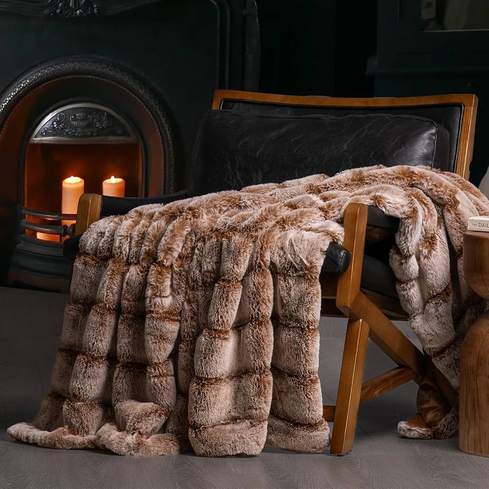Soft Rabbit Faux Fur Throw Blanket for Couch Bed, Luxury Cozy Fluffy Channel Blanket Warm Thick M... | Amazon (US)