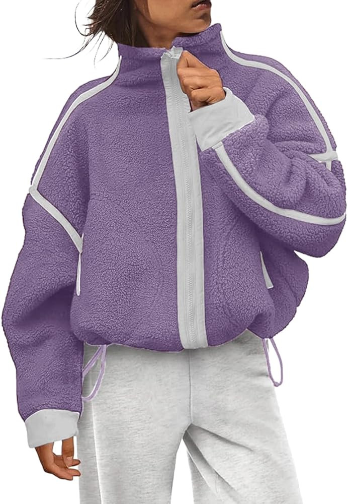 Haellun Fleece Jacket Women Cropped Sweatshirt Winter Warm Zip Sherpa Fuzzy Jacket Coat with Pock... | Amazon (US)