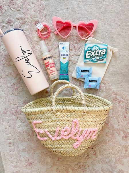 Bridesmaid Gift 🤍💍 Personalized basket tote, personalized tumbler, hand sanitizer spray, Liquid IV, pink teleties, pink heart sunnies, makeup remover wipes, and gum — such a sweet and thoughtful gift!!! Under $50!

#LTKfindsunder50 #LTKwedding #LTKparties