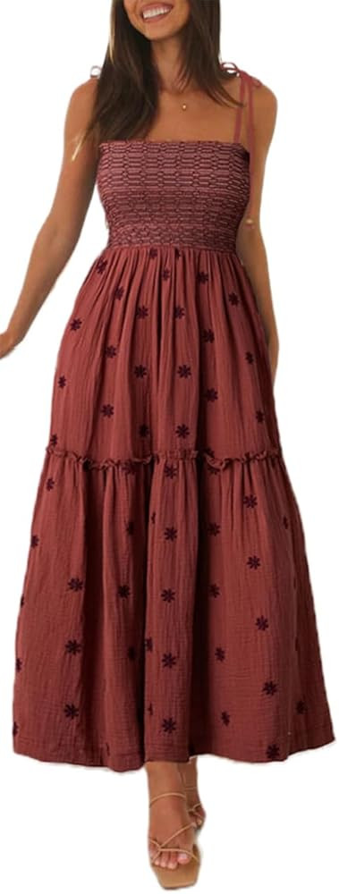 Womens Boho Long Summer Dresses Casual Beach Vacation Sun Dress Spaghetti Strap Flowy Embroidered... | Amazon (US)