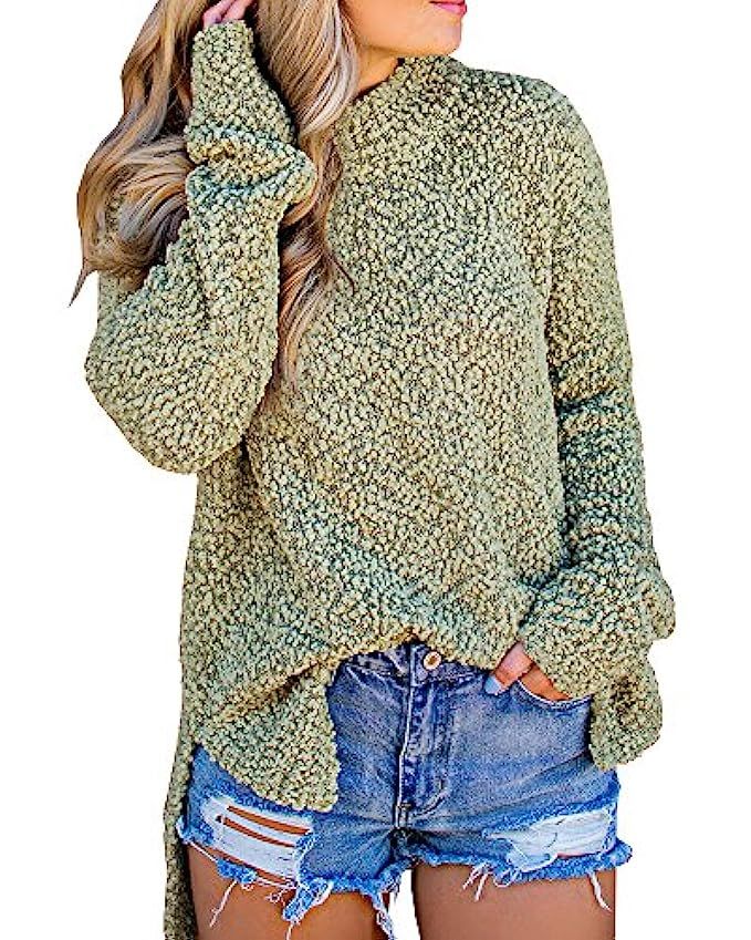 Seraih Womens Fuzzy Sherpa Fleece Long Sleeve Sweaters Loose Asymmetric Pullovers Coat | Amazon (US)