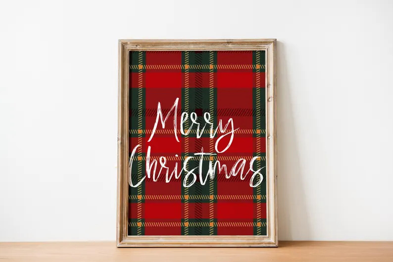 Plaid Merry Christmas Art Print, Festive Holiday Decor, Red Green Plaid Wall Art, Rustic Christma... | Etsy (US)