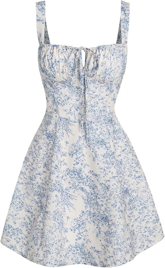Women Summer Dresses Vintage Square Neck Adjustable Bust Floral Dress Sleeveless Flexible A-Line ... | Amazon (US)