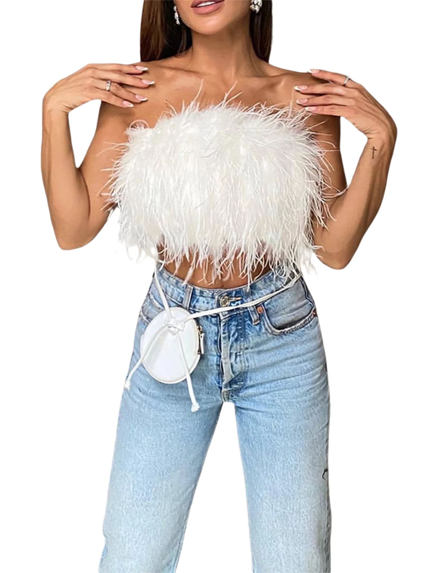JBEELATE Women Faux Fur Tube Crop Top Solid Color Feather Strapless Backless Zip Up Tube Top Part... | Walmart (US)