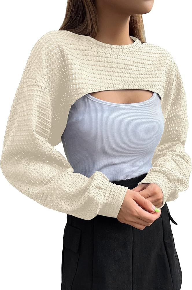 Verdusa Women's Crop Cover Up Long Sleeve Pointelle Knit Hollow Out Crochet See Through Knit Top | Amazon (US)