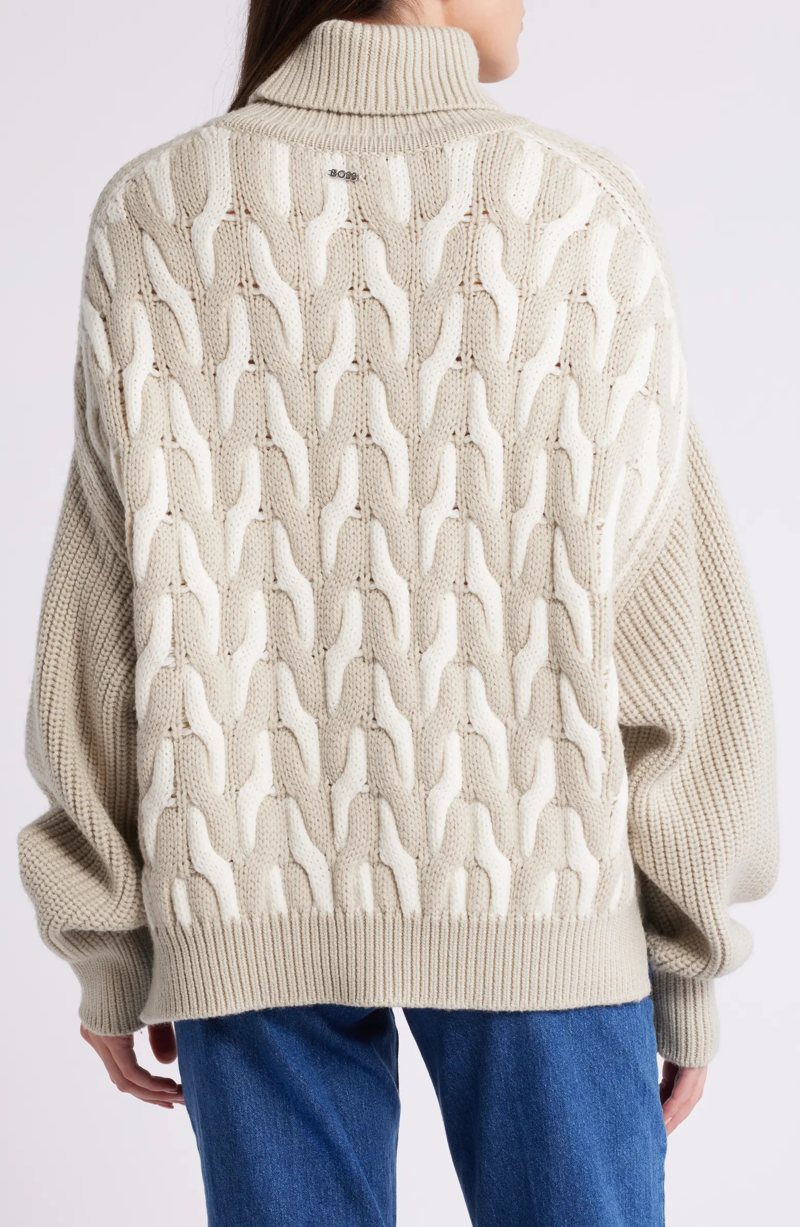 BOSS Ferdolia Two-Tone Cable Stitch Virgin Wool Turtleneck Sweater | Nordstrom | Nordstrom