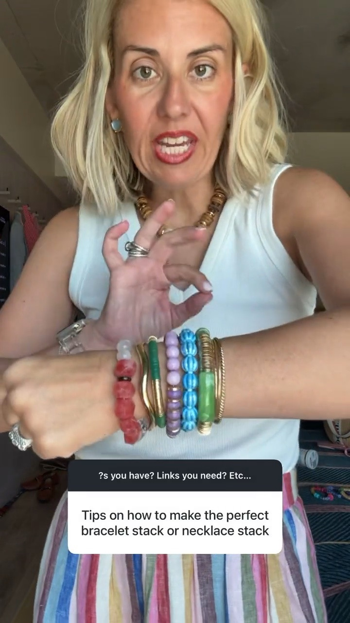 Just a few tips on how I style my stacks! Think color, texture & size. 
I’m medium petite in tank & size 2 skirt. 
*Use code SUMMER for 30% off my bracelets. ￼
*Use code 3PPA for 30% off my skirt
*Use code MIXANDMATCH for 25% off my necklace

#LTKSeasonal #LTKSaleAlert #LTKstorytime