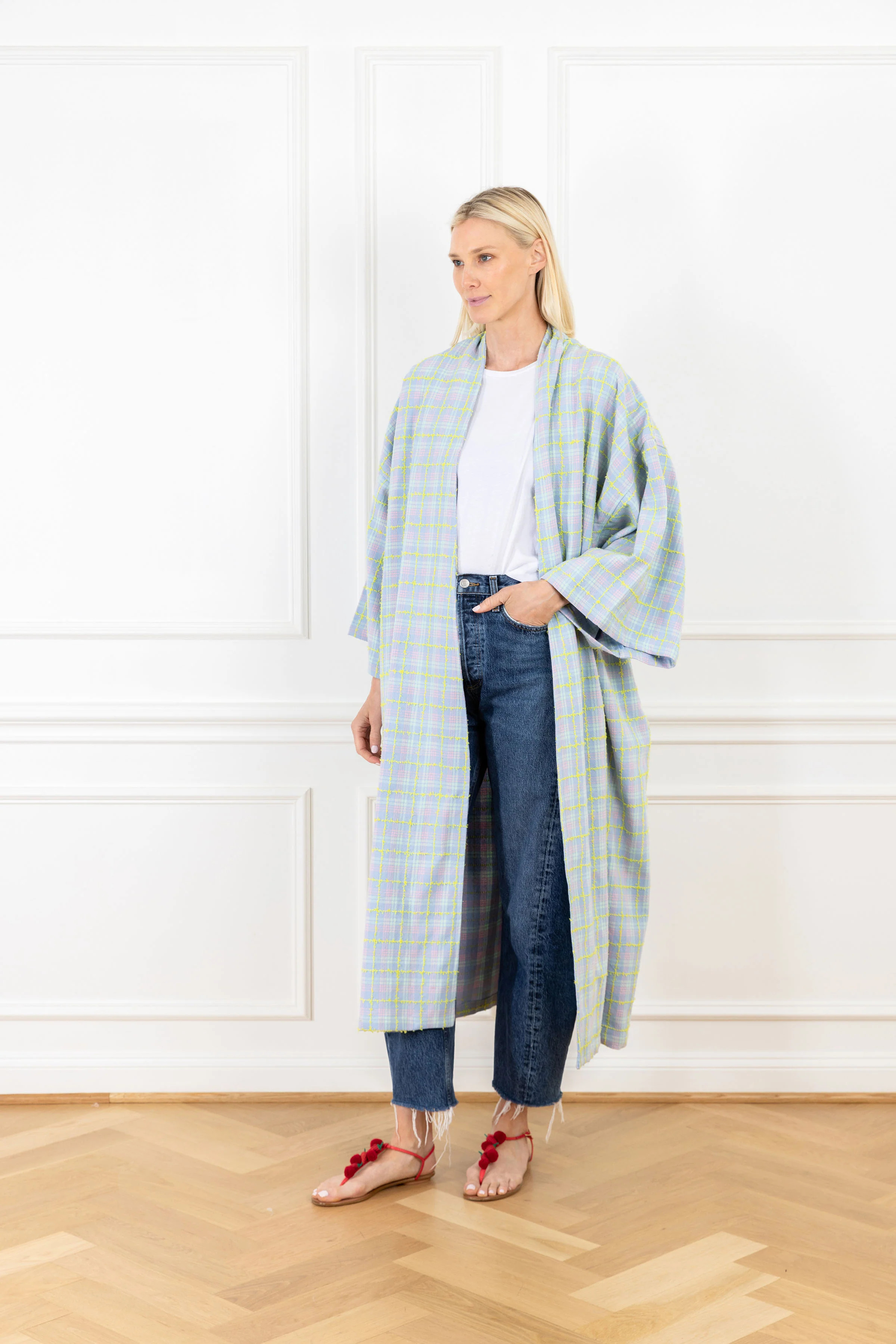 Baby Blue Textured Plaid Maxi Duster | La Vie Style House